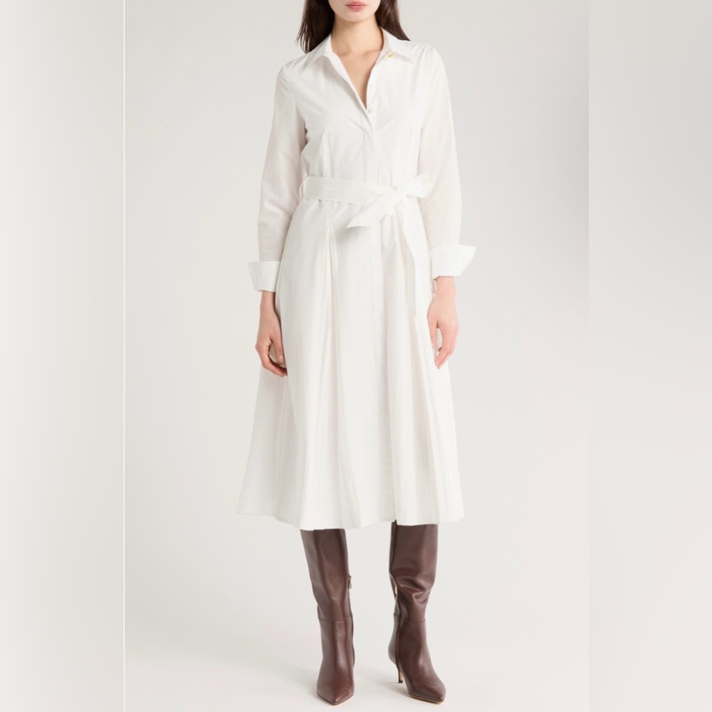 Derek Lam 12 Crosby Annette Long Sleeve Tie Waist Shirtdress White NEW Gold Knot